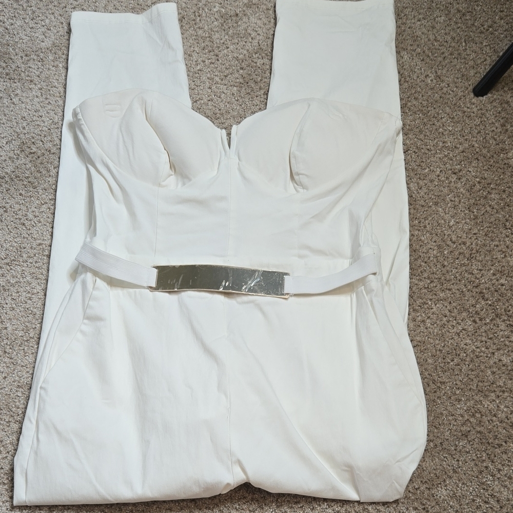 Elegant White Strapless Jumpsuit with Silver Belt